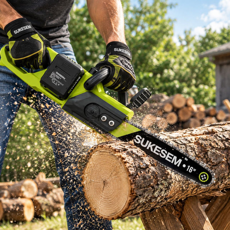 Cordless chainsaw cutting a log